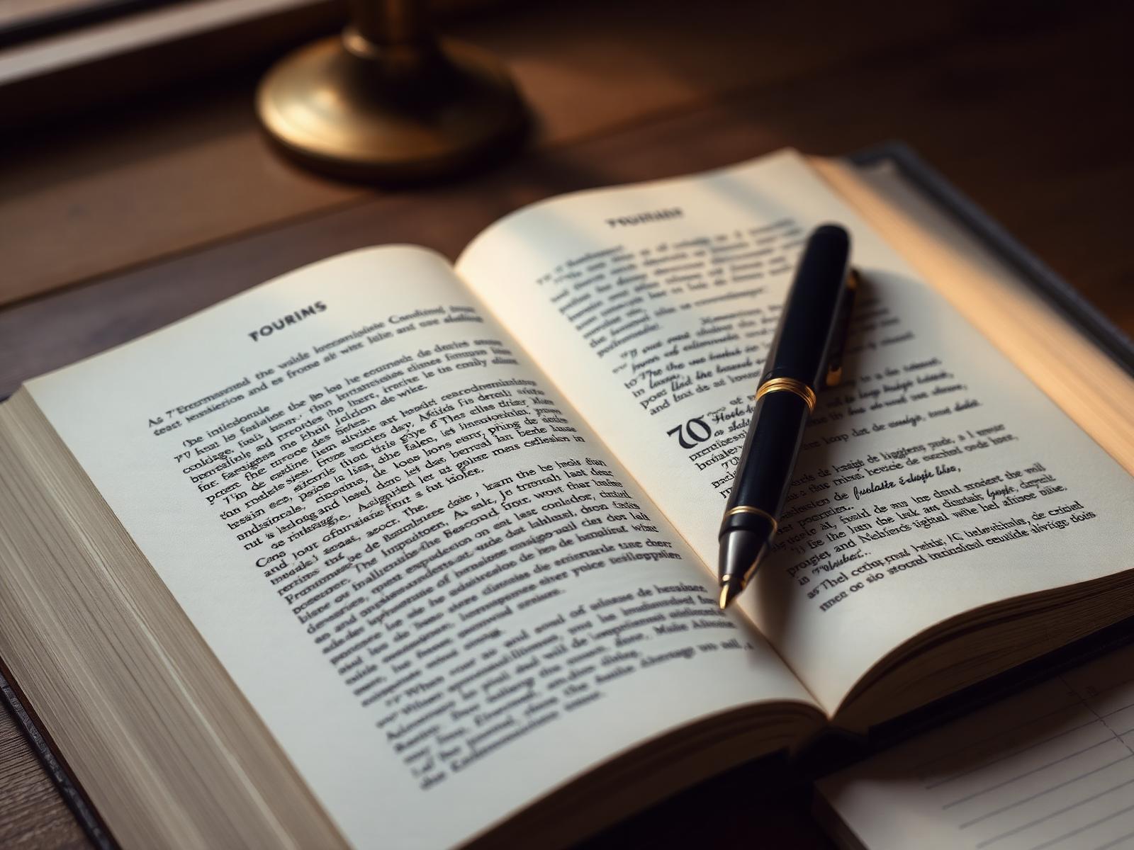 Dictionnaire ouvert et stylo plume, ambiance éditoriale
